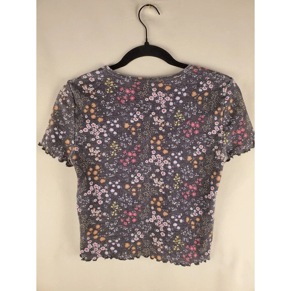 American Eagle Womens Y2K Style Floral Baby Tee Sz M Ribbed Crop - Picture 2 of 8